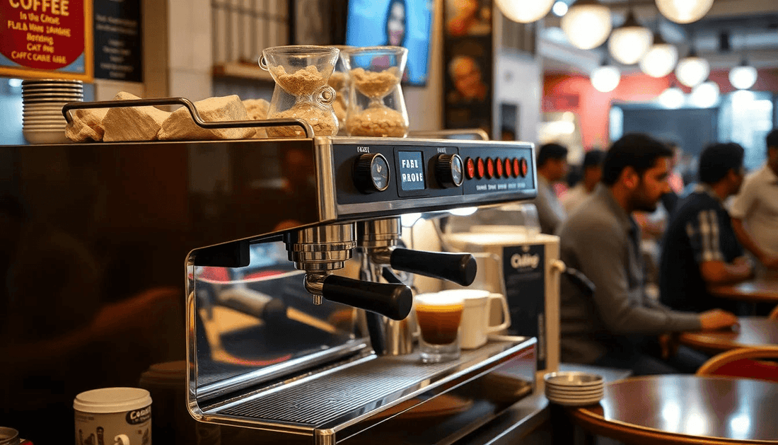 Commercial coffee machine in a busy Chandni Chowk cafe