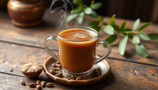 A steaming cup of masala chai on a rustic wooden table