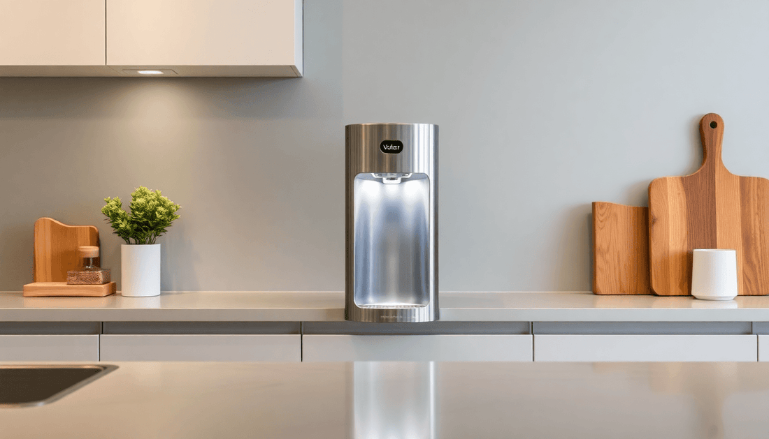 A sleek Voltas water dispenser in a modern kitchen