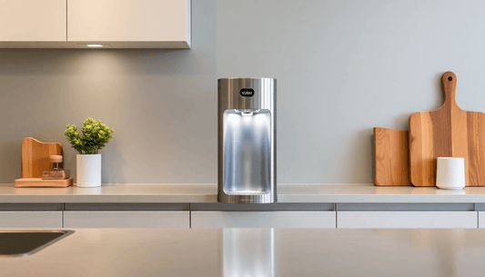 A sleek Voltas water dispenser in a modern kitchen