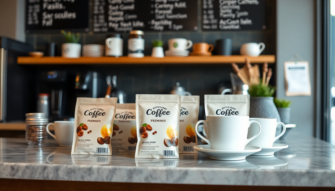 Coffee packets and cups displayed on a marble counter featuring the Atlantis machine in Crossings Republik coffee setup