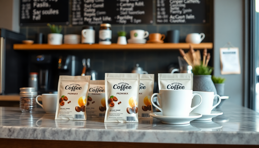 Coffee packets and cups displayed on a marble counter featuring the Atlantis machine in Crossings Republik coffee setup