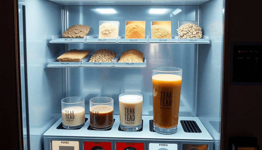 A tea vending machine dispensing premix tea powder beverage