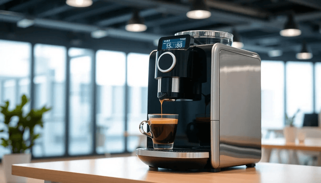 A modern coffee machine dispensing coffee in office