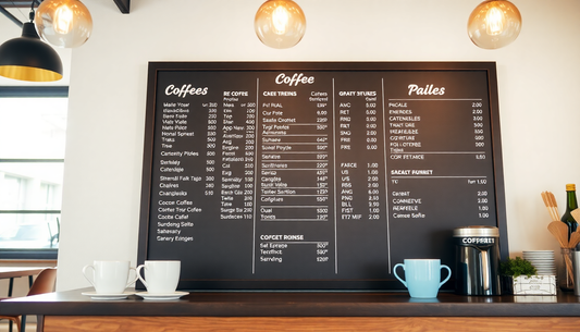 A coffee shop menu display with coffee cups