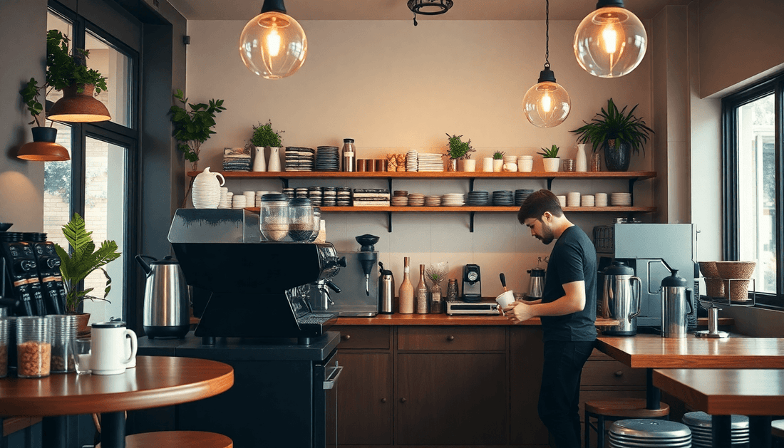 Cozy cafe interior with coffee machines and barista