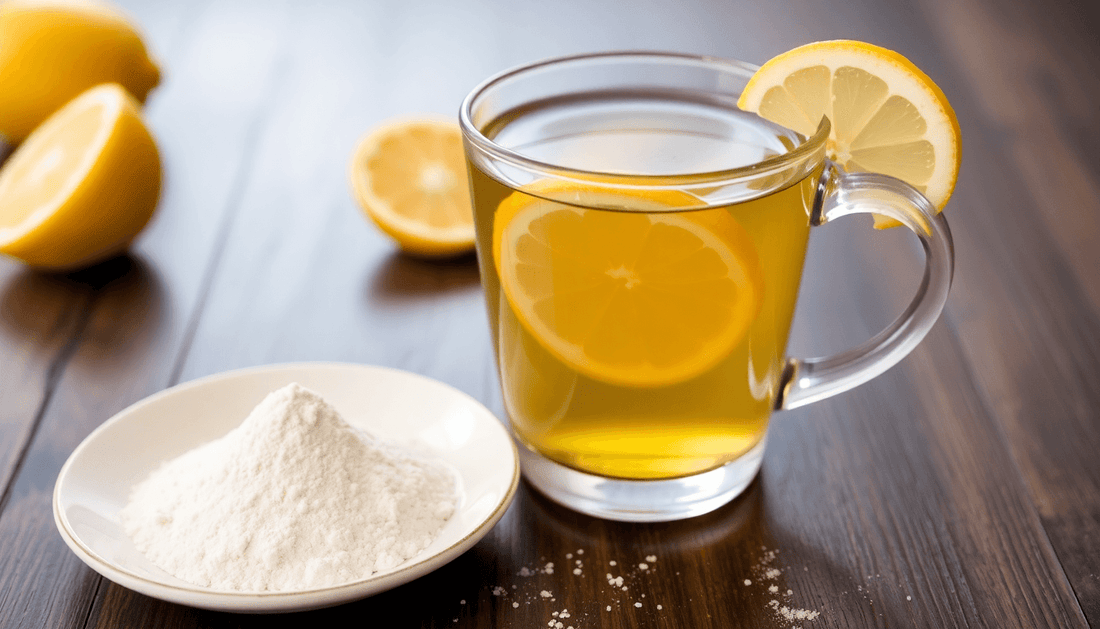 A cup of lemon tea with lemon tea premix powder