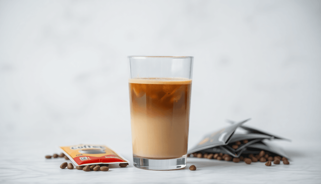 A glass of cold coffee with coffee premix packets