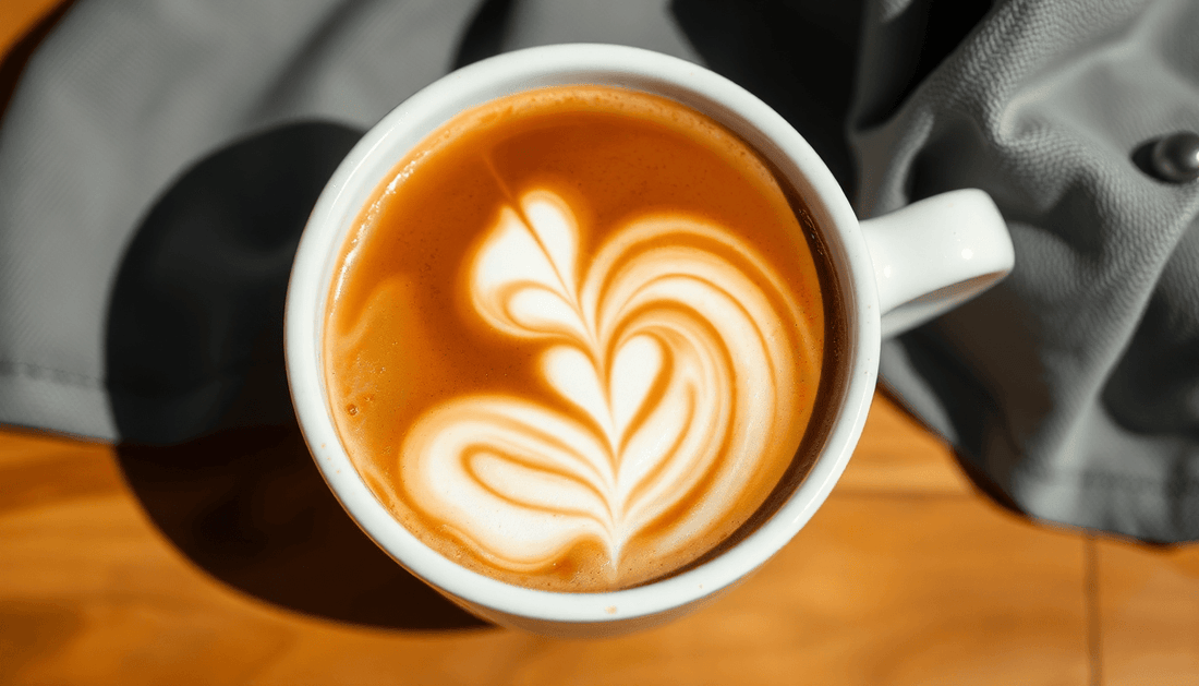 A cup of coffee with creamy dairy whitener swirls