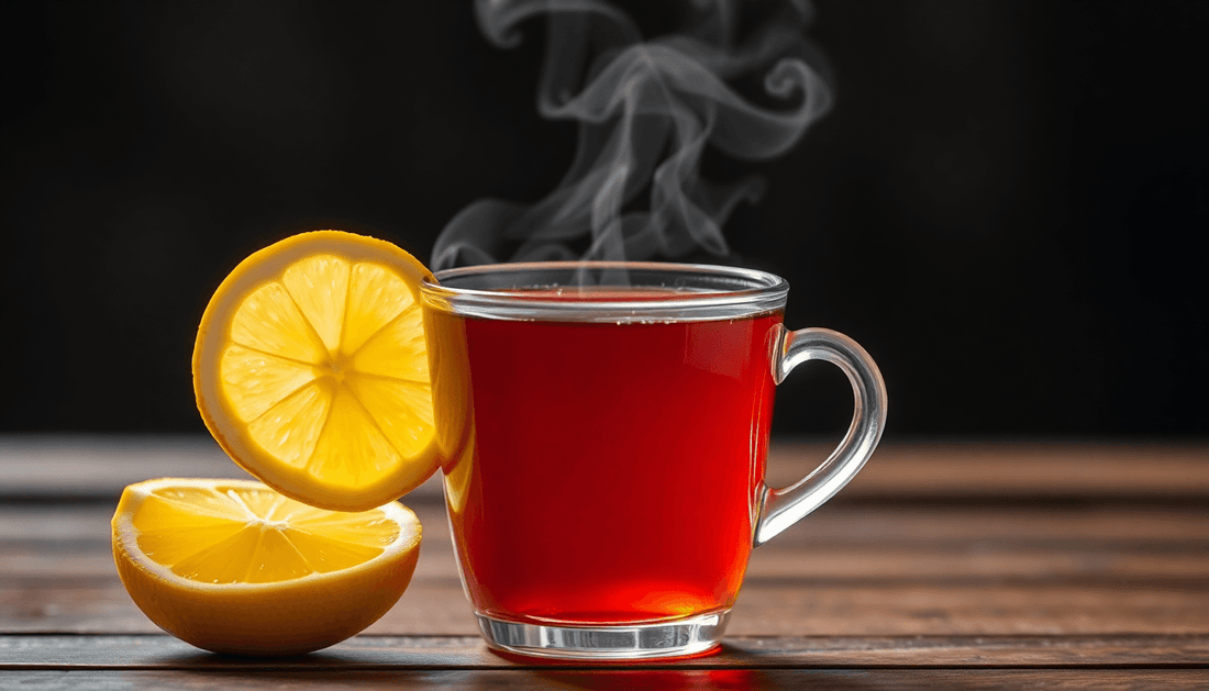 A steaming cup of kadak tea with lemon slice