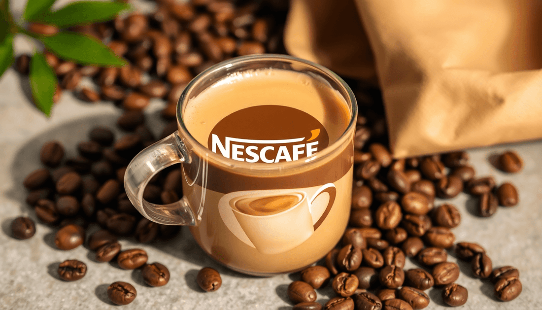 A cup of NESCAFÉ Cappuccino Premix with coffee beans