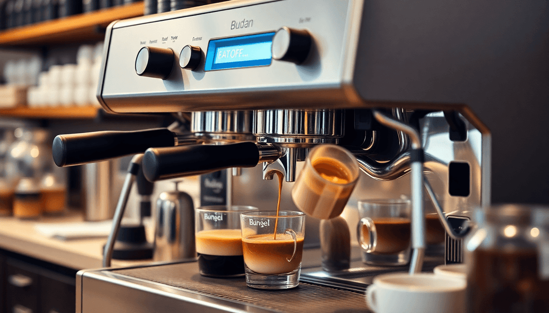 A Budan coffee machine brewing fresh coffee in a cafe