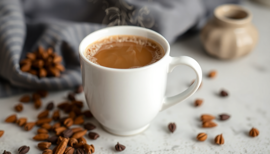 A steaming cup of instant cardamom coffee on a table
