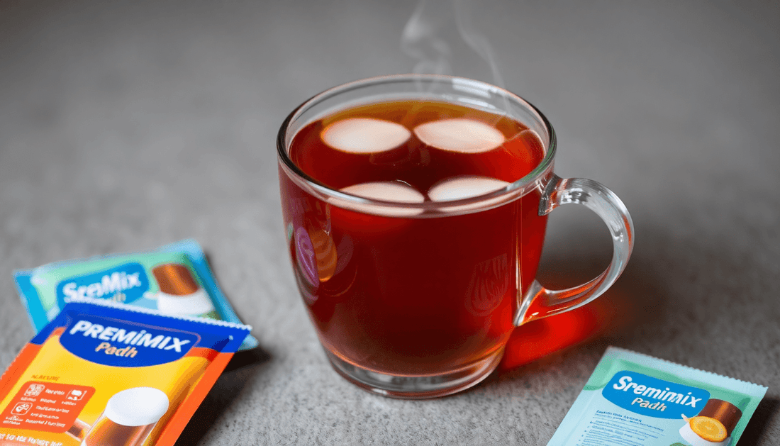 A steaming cup of rich tea with premix packets
