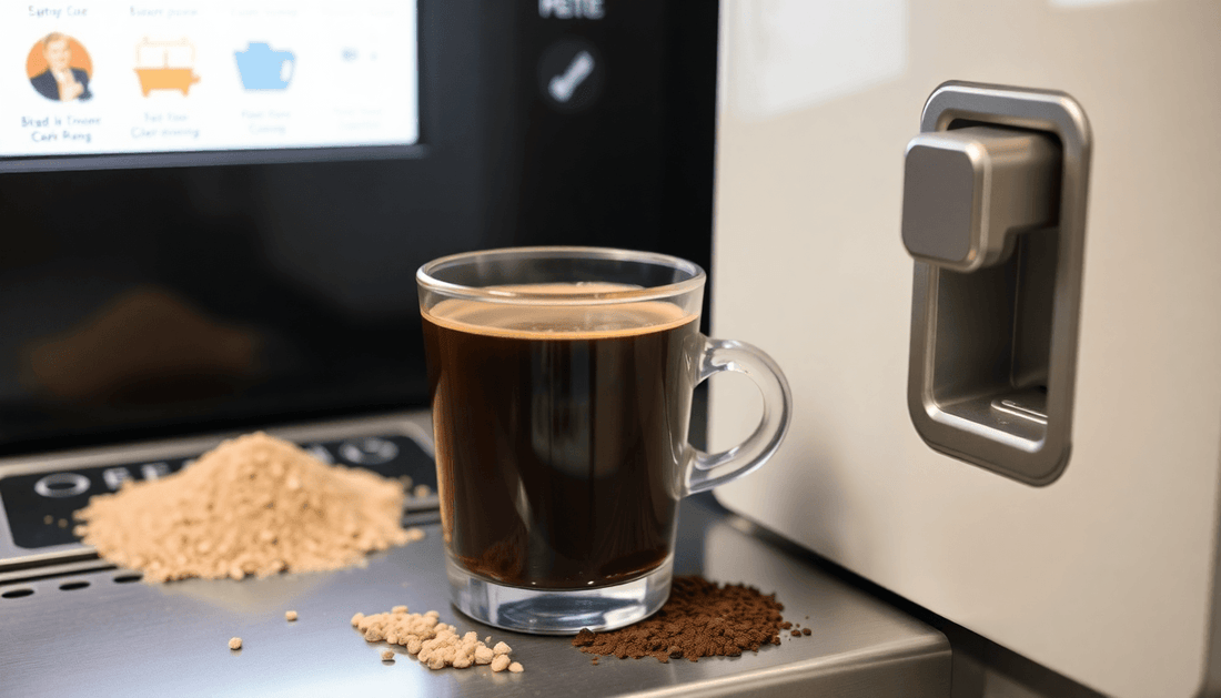 A cup of instant coffee with premix powder beside coffee vending machine