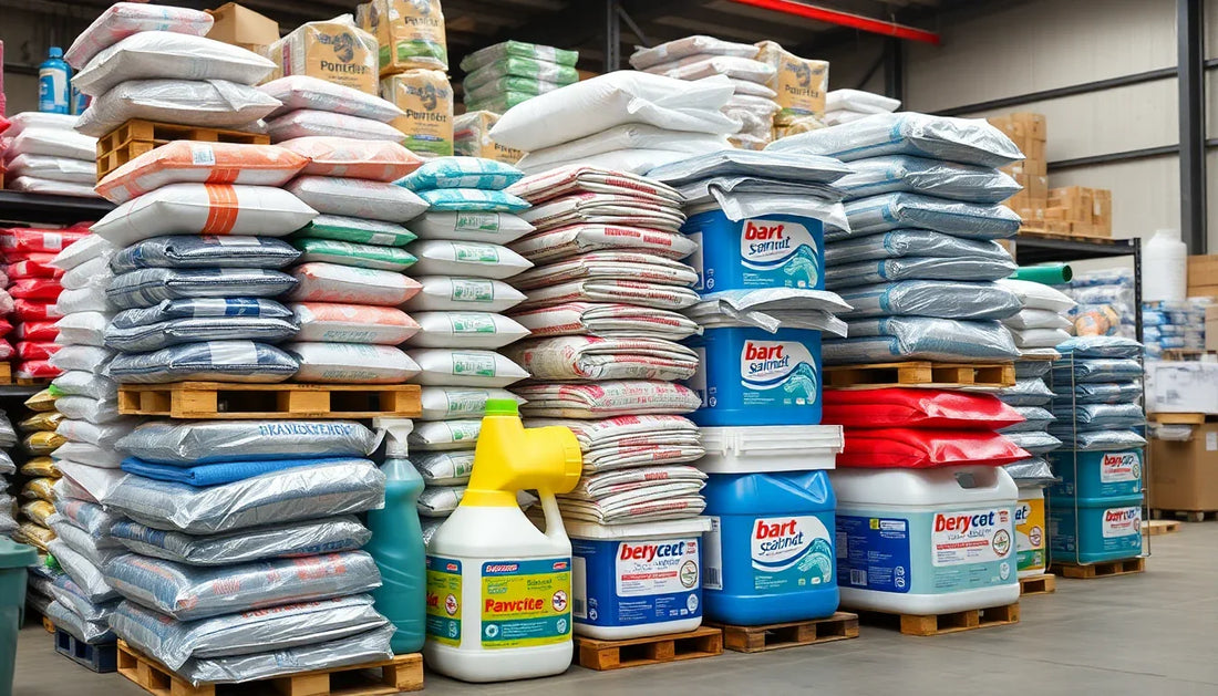 Stacks of bulk cleaning supplies Noida including detergents and powders neatly arranged on wooden pallets in a warehouse