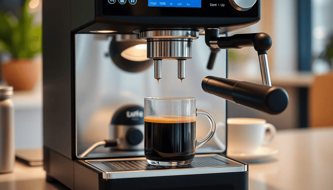 Modern coffee machine brewing fresh coffee in office