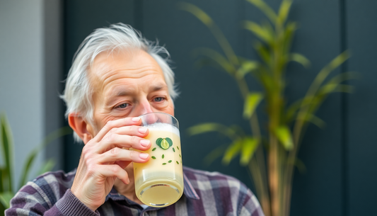A senior citizen enjoying a nutritious health drink