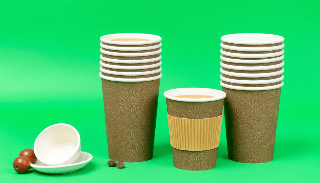 Stack of eco-friendly disposable paper cups with coffee