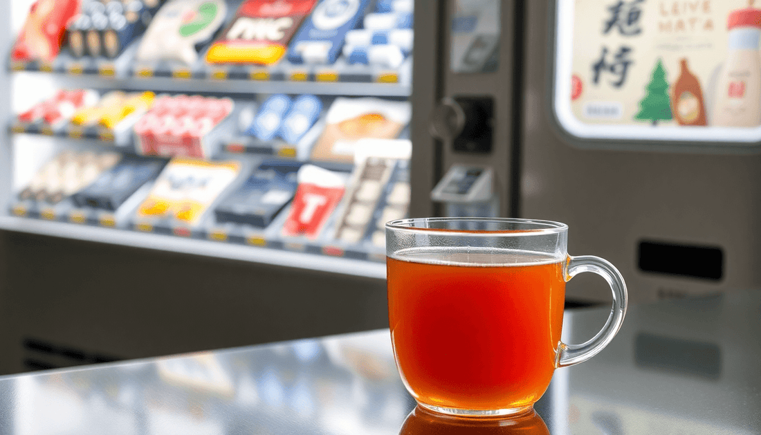 A steaming cup of instant tea beside a vending machine