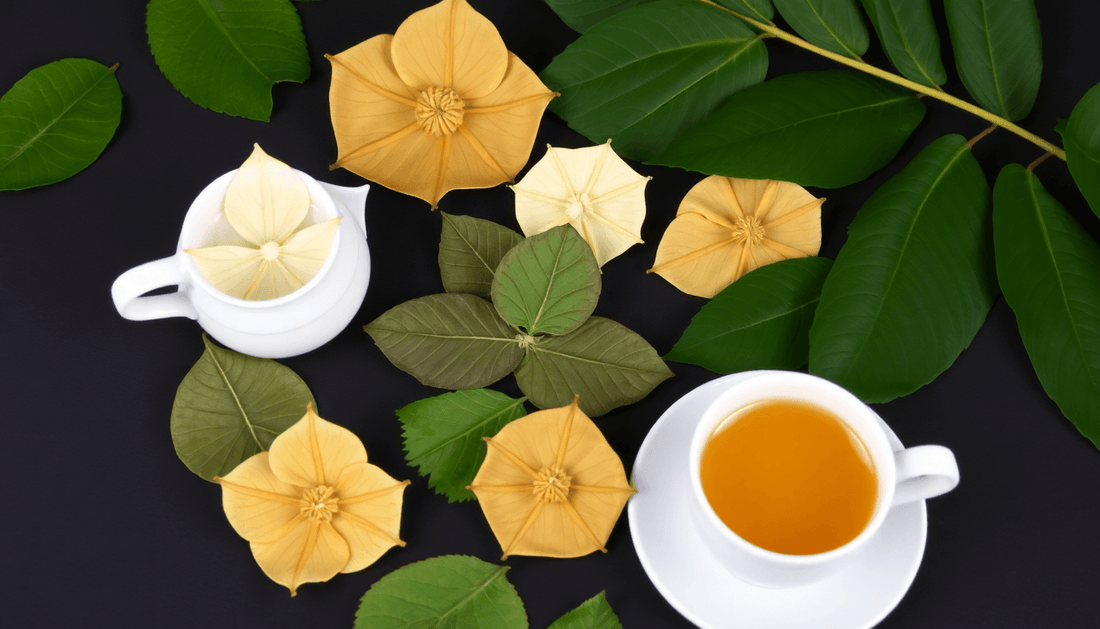 Various chai patti leaves displayed with tea cups