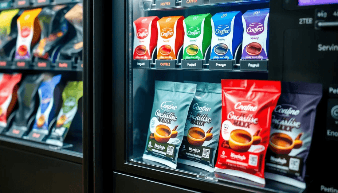 Coffee premix sachets arranged beside a coffee vending machine