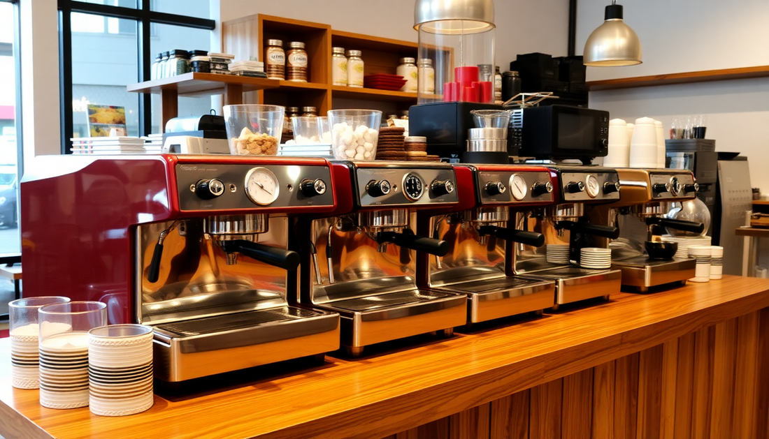 Professional espresso coffee machines lined up on a wooden counter from a coffee machine supplier in Aizawl