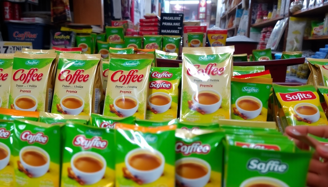 Coffee premix packets displayed in an Andhra Pradesh market