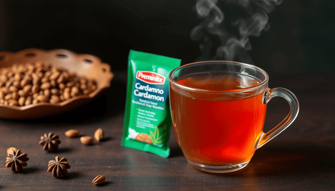 A steaming cup of cardamom flavored tea with premix packet