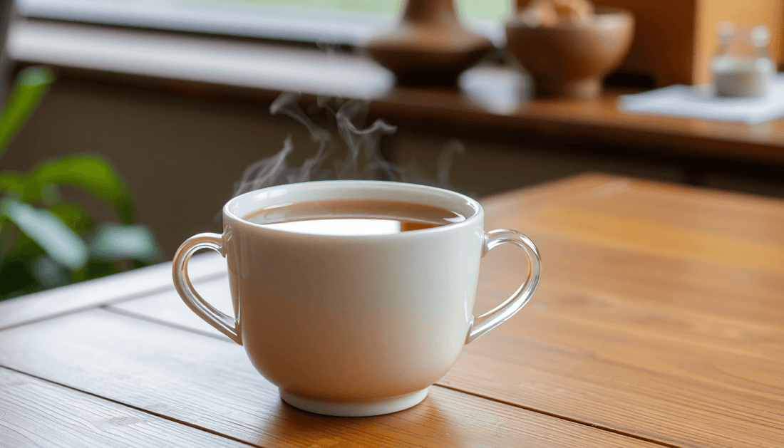 A steaming cup of ginger tea on a wooden table