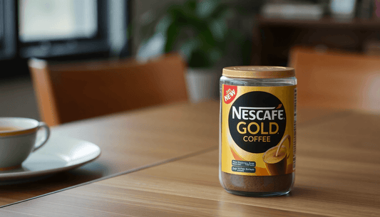 A jar of Nescafe Gold Coffee 200g on a wooden table