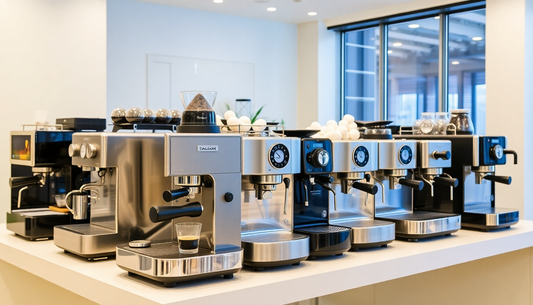 Range of modern coffee machines displayed on a counter from a coffee machine supplier Noida Sector 22
