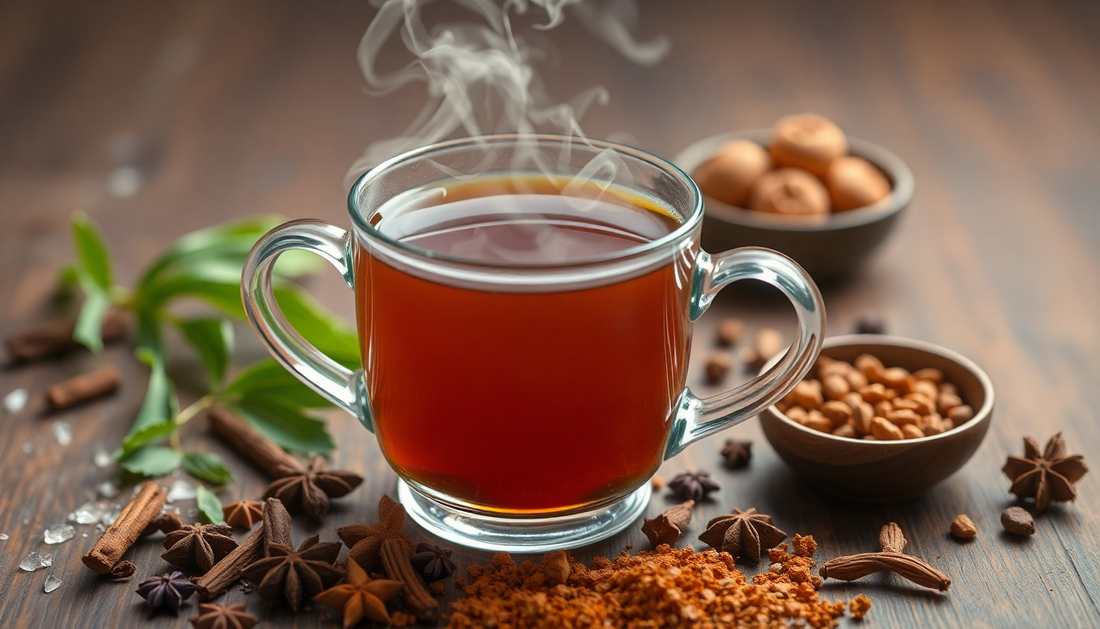 A cup of steaming masala tea with spices around