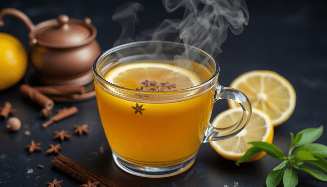 A cup of steaming lemon masala tea with spices