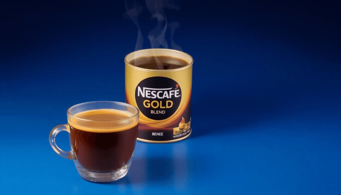A steaming cup of Nescafe Gold Blend instant coffee