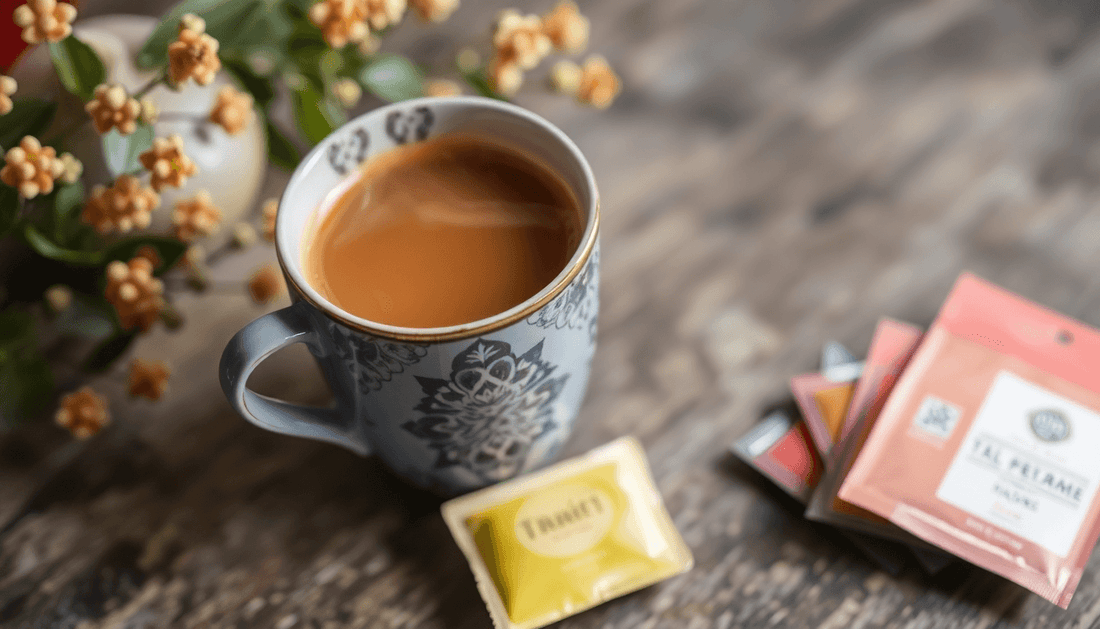 A cup of steaming chai with tea premix sachets beside it