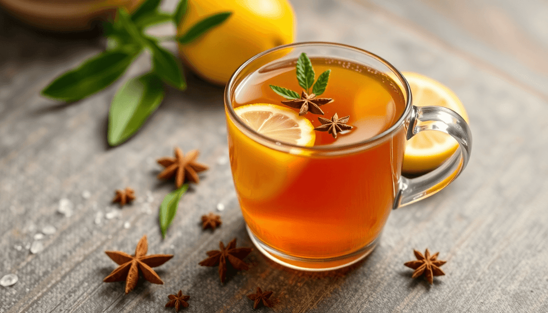 A cup of steaming lemon masala tea with spices