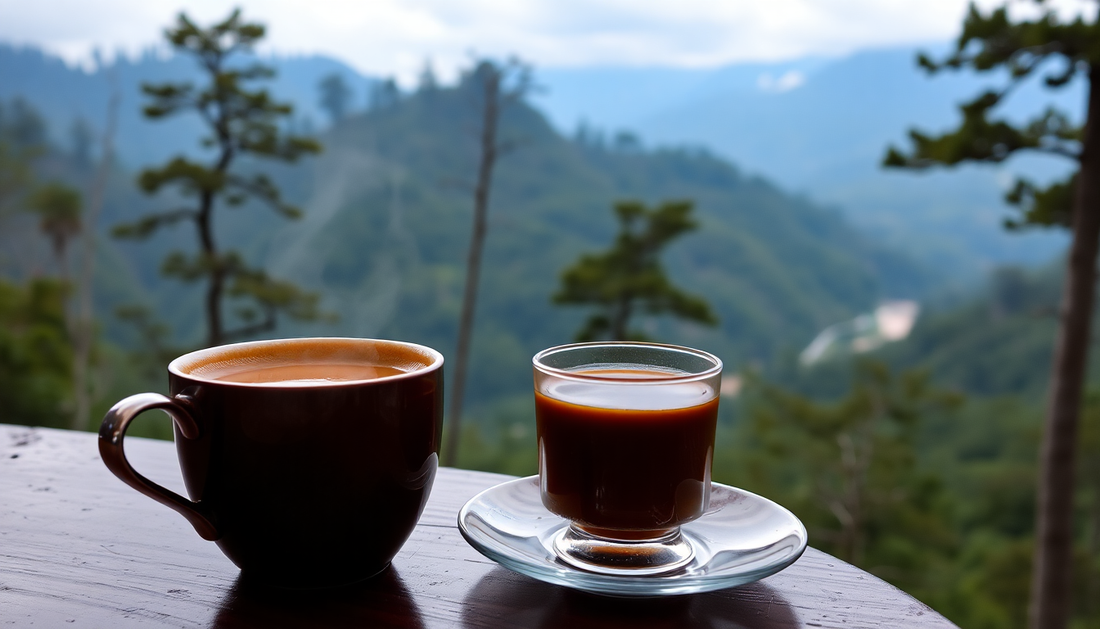 A steaming cup of Atlantis Coffee with Arunachal Pradesh scenery