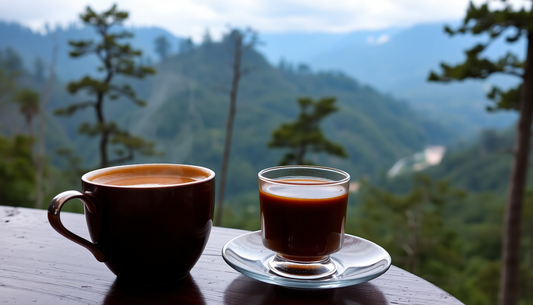 A steaming cup of Atlantis Coffee with Arunachal Pradesh scenery