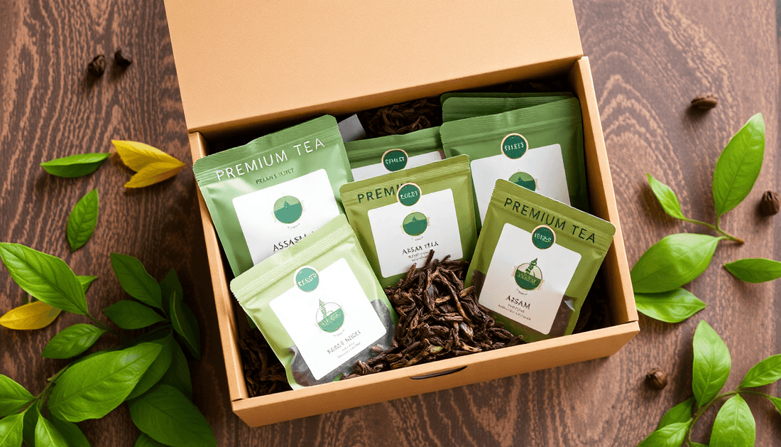 A premium tea box with Assam tea bags and fresh leaves