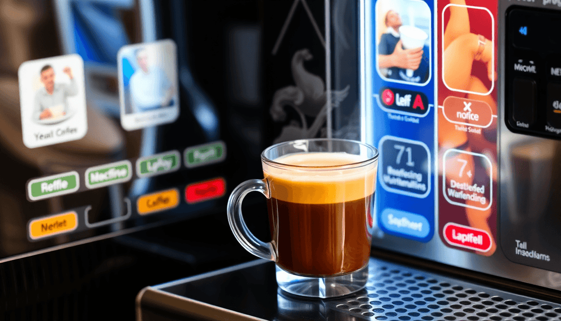 A cup of steaming instant coffee beside a coffee vending machine