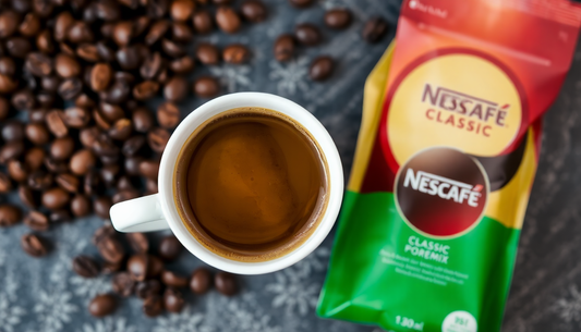 A cup of NESCAFÉ Classic Coffee Premix with coffee beans