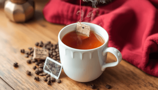 A steaming cup of Assam tea with tea bags