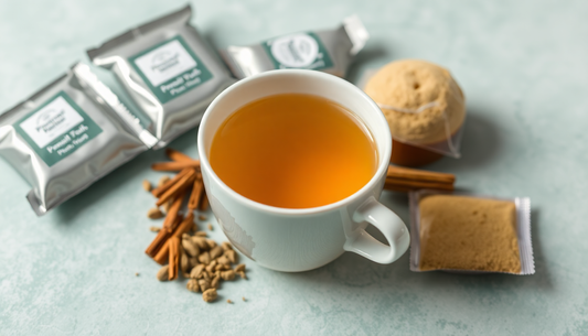 A cup of cardamom tea with premix powder packets