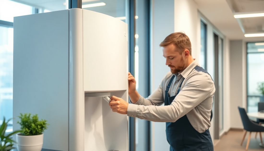Man using a modern 4 Canister Vending Machine in a bright office environment with plants