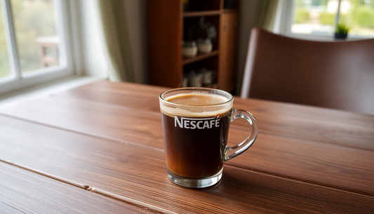 A steaming cup of Nescafé coffee on a wooden table