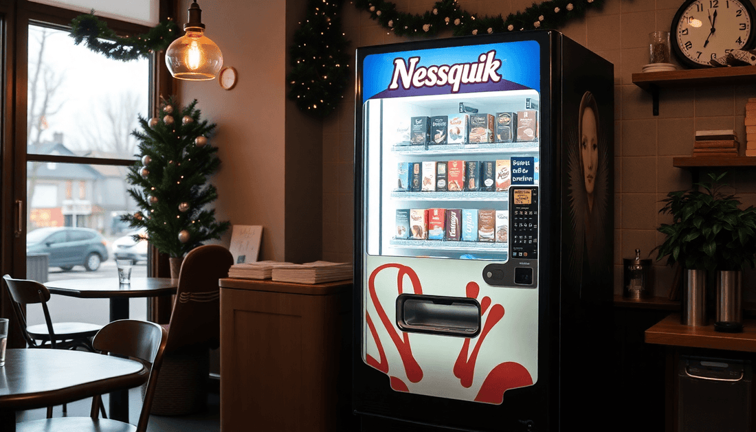 Nesquik hot chocolate vending machine in a cozy cafe