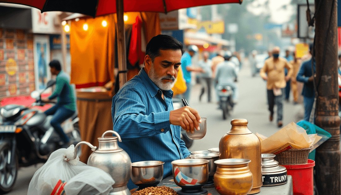 Street vendor preparing chai at a bustling roadside stall