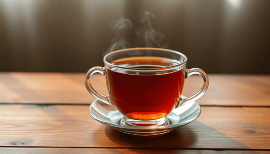 A steaming cup of Assam tea on a wooden table