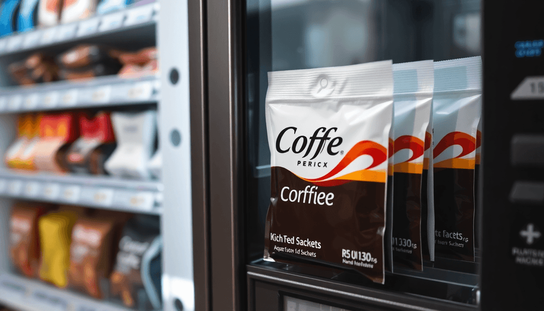 Coffee premix sachets next to a vending machine